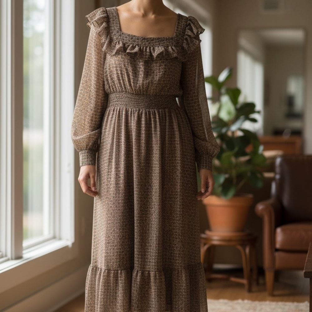 In Loom Floral Smocked Ruffled Dutton Tiered‎ Midi Dress